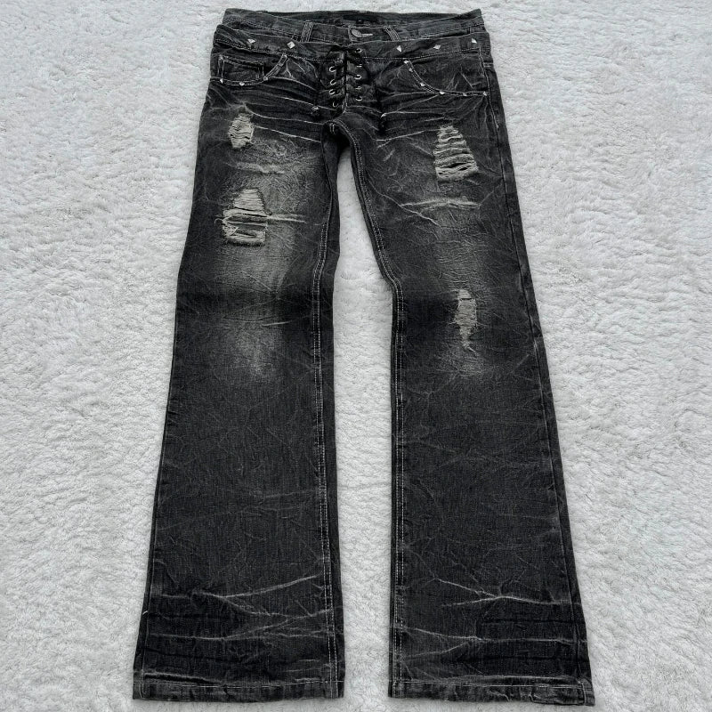 Y2K Washed Jeans Gothic Retro Micro Flared Double Waisted Lace Up Pants Men Women Streetwear High Quality Design Sense Trousers - Live Store 4U