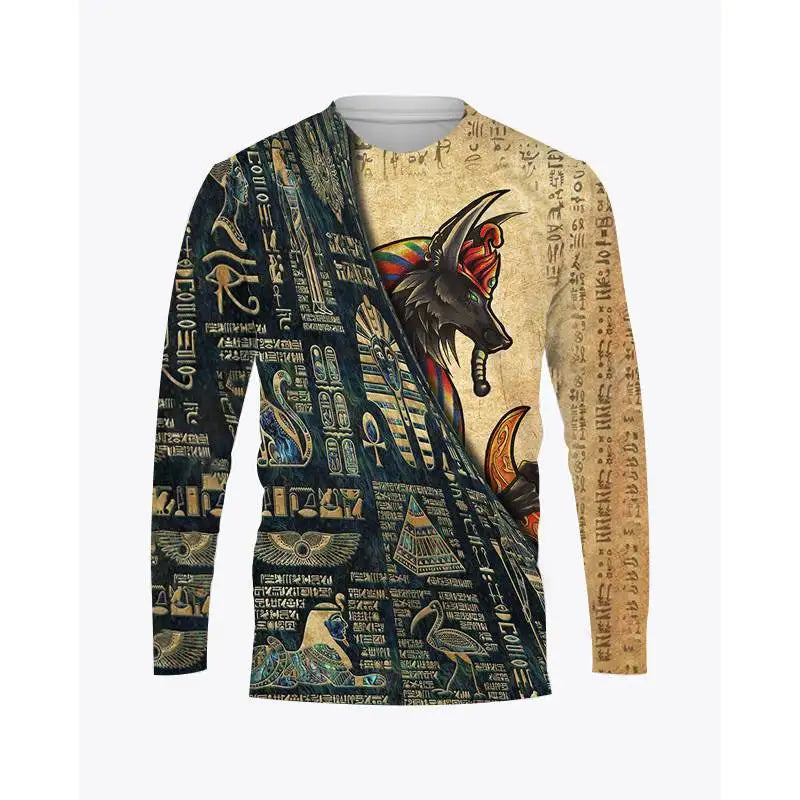 Ancient Egyptian Horus Print Summer Men's O-Neck T-shirt Casual Long Sleeve Oversized Pullover Fashion Tops Trend Men Clothing