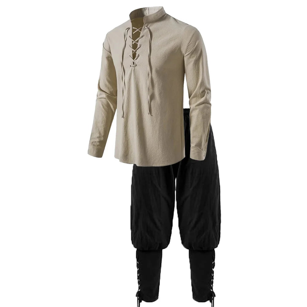 2Pcs Men's Medieval Knight Costume Set Renaissance Cosplay Pirate Shirts Ankle Banded Pants For Halloween Cotton Linen Fabric - Live Store 4U