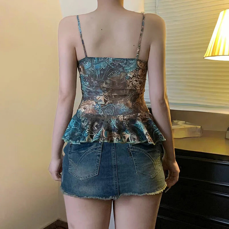 Sexy Strap Vintage Tank Tops Fashion Women Patchwork Y2K Deep V-Neck Beading Sleeveless Crop Top Casual Streetwear Retro Clothes