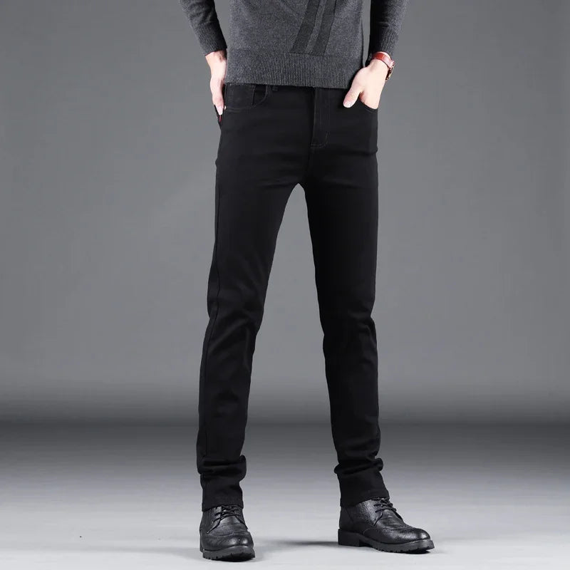 Spring Autumn New Men's Pure Black Slim Jeans Elastic Straight Pants Business Fashion Leisure Korean Vintage Denim Pants Male - Live Store 4U