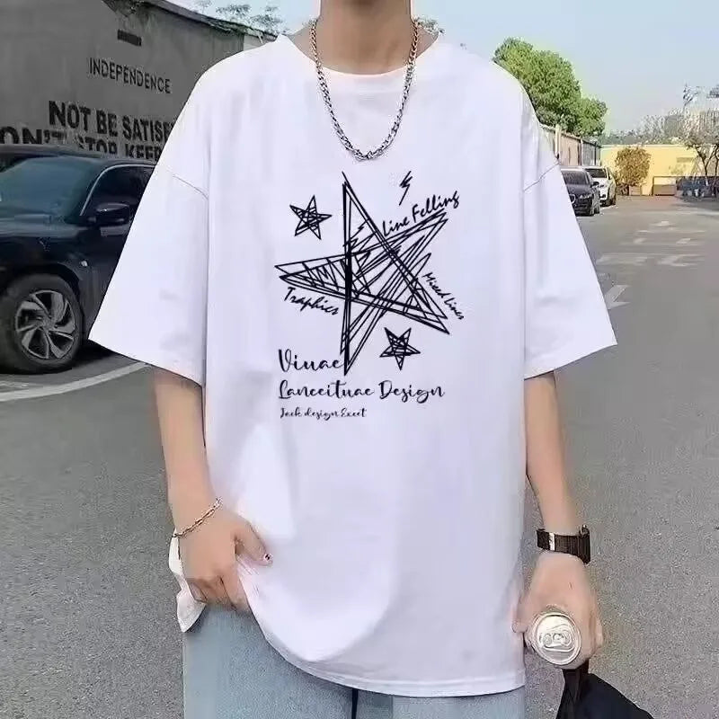 【 M-8XL 】 Summer limited edition men's oversized T-shirt Line stars printed T-shirt suitable for both men and women - Live Store 4U