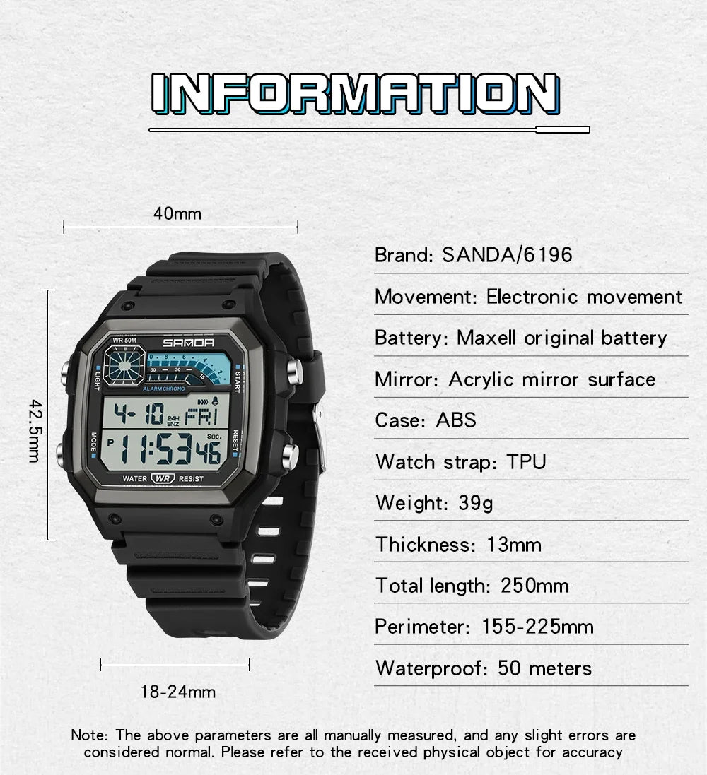 SANDA 6196 Electronic Watch Multi functional Night Glow Waterproof Sports Men's Lightweight Square Classic Student Watch
