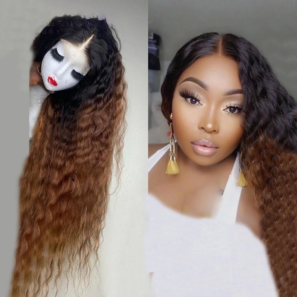 Soft Preplucked Ombre Brown Color 26Inch Long 180Density Lace Front Wig For Women Synthetic Kinky Curly With Baby Hair Glueless
