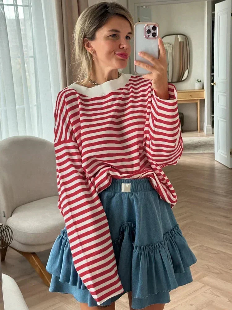 Women's Striped T-shirt 95% Cotton Oversized Black and White Casual Basic Long Sleeve Top Vintage  Casual T-shirts for Women