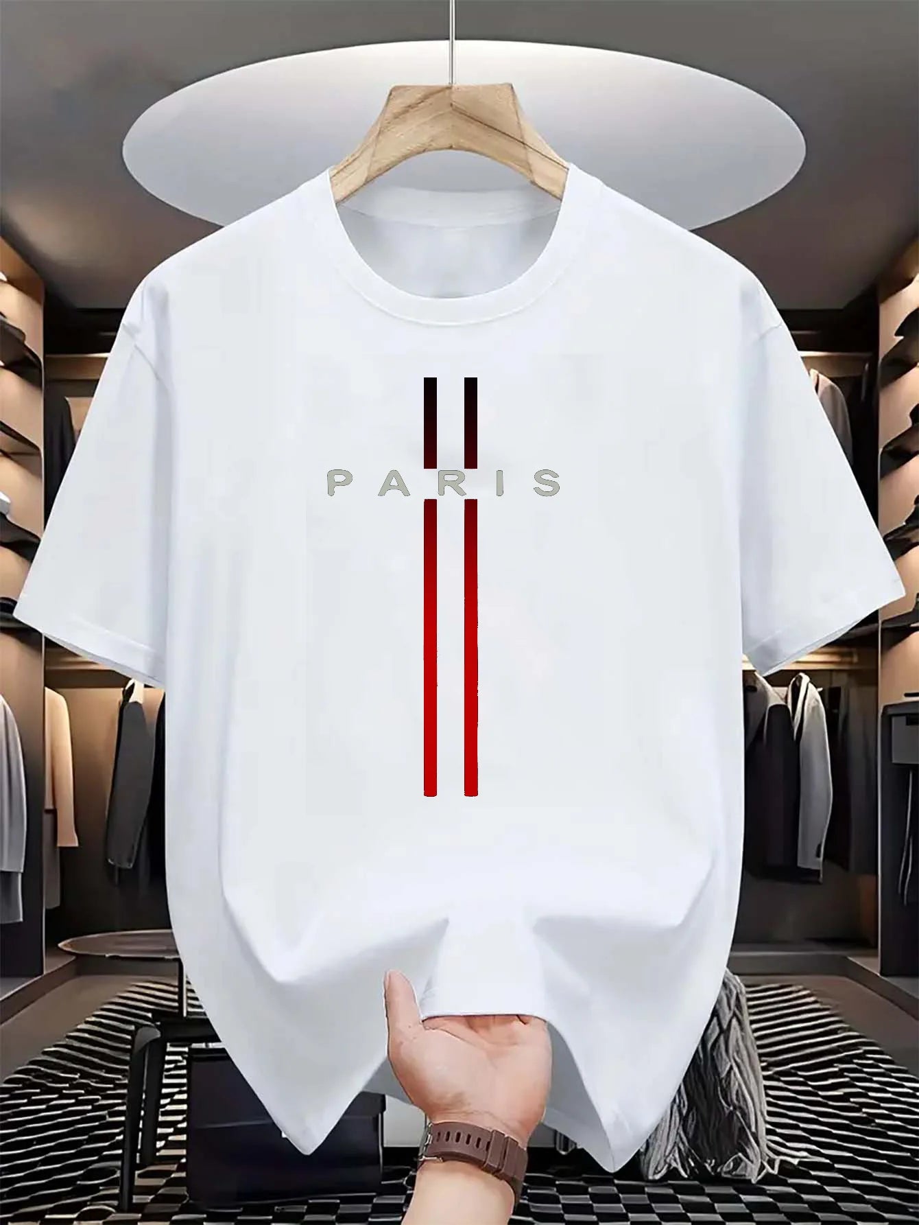 Men's 100% pure cotton summer casual loose fashion Paris letter printed comfortable round neck short sleeved T-shirt top - Live Store 4U