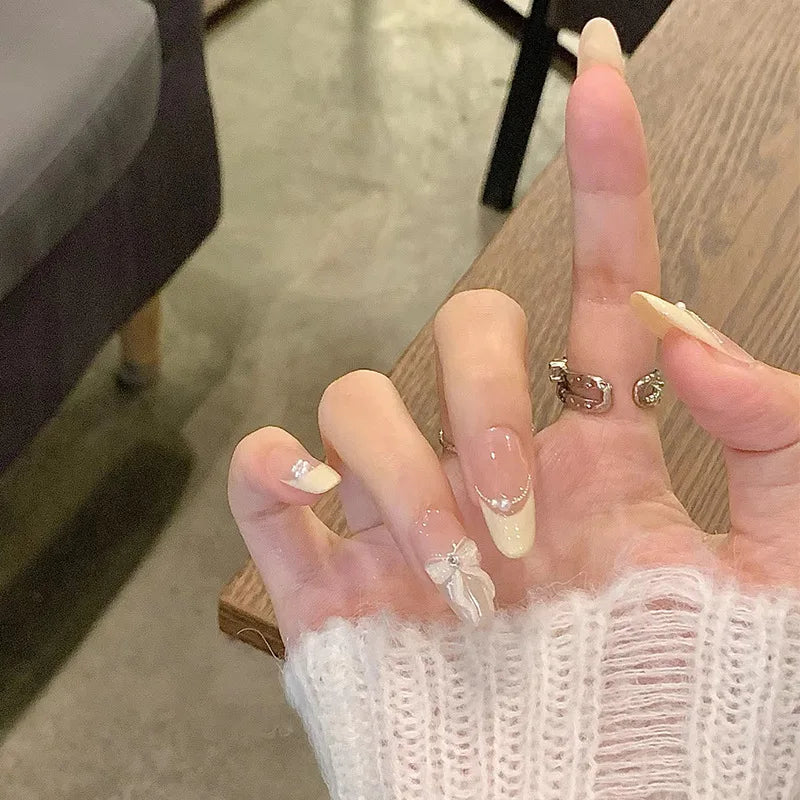 10pcs Handmade Press on Nails Energetic Girl Hand-Painted Ribbon Full Coverage Nail for Women&Girl Removable Wearable False Nail