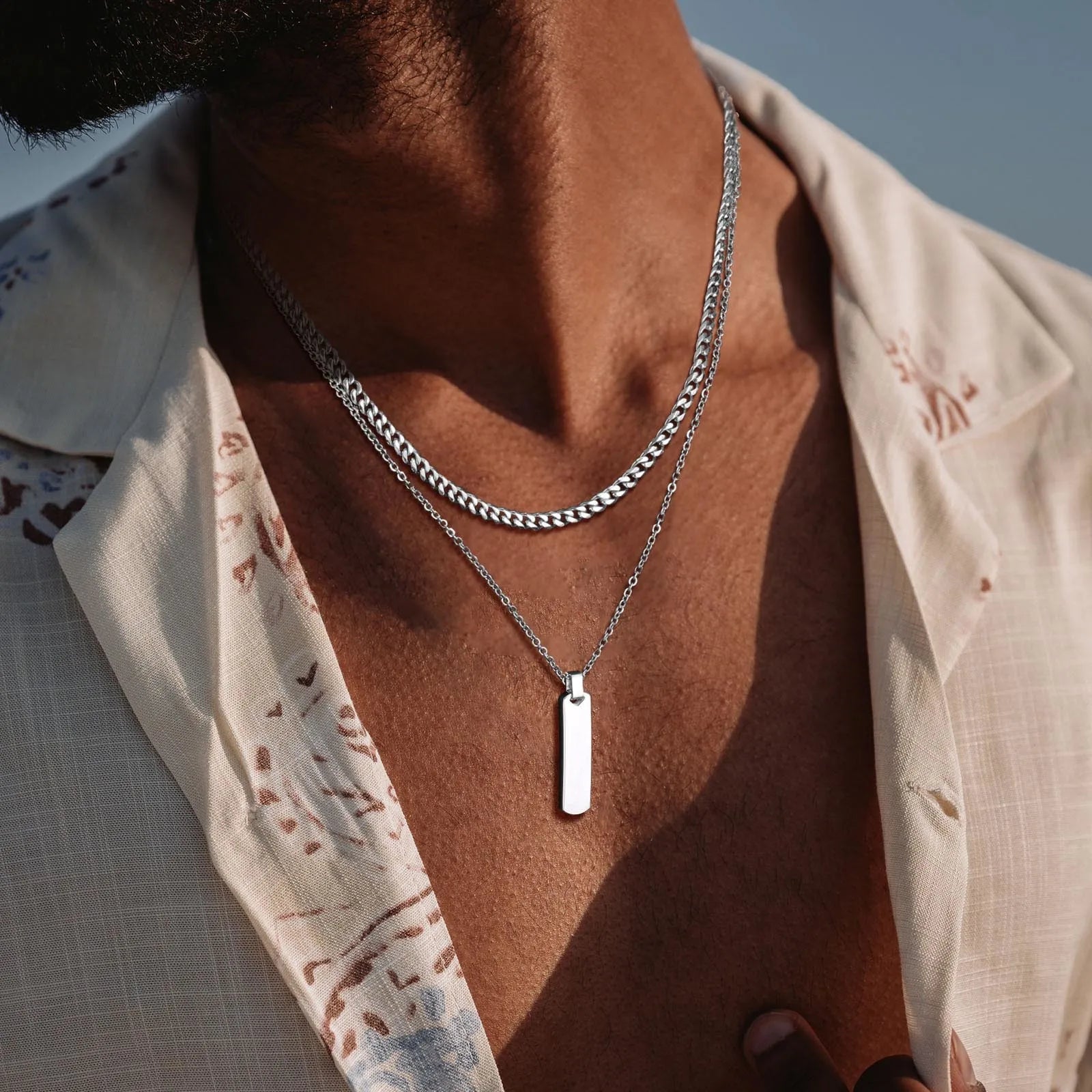 2pcs/set Vertical Bar Stacked Necklaces for Men Boys,Wateproof Stainless Steel Cuban Chain Collar,Stylish Jewelry Sets Gifts