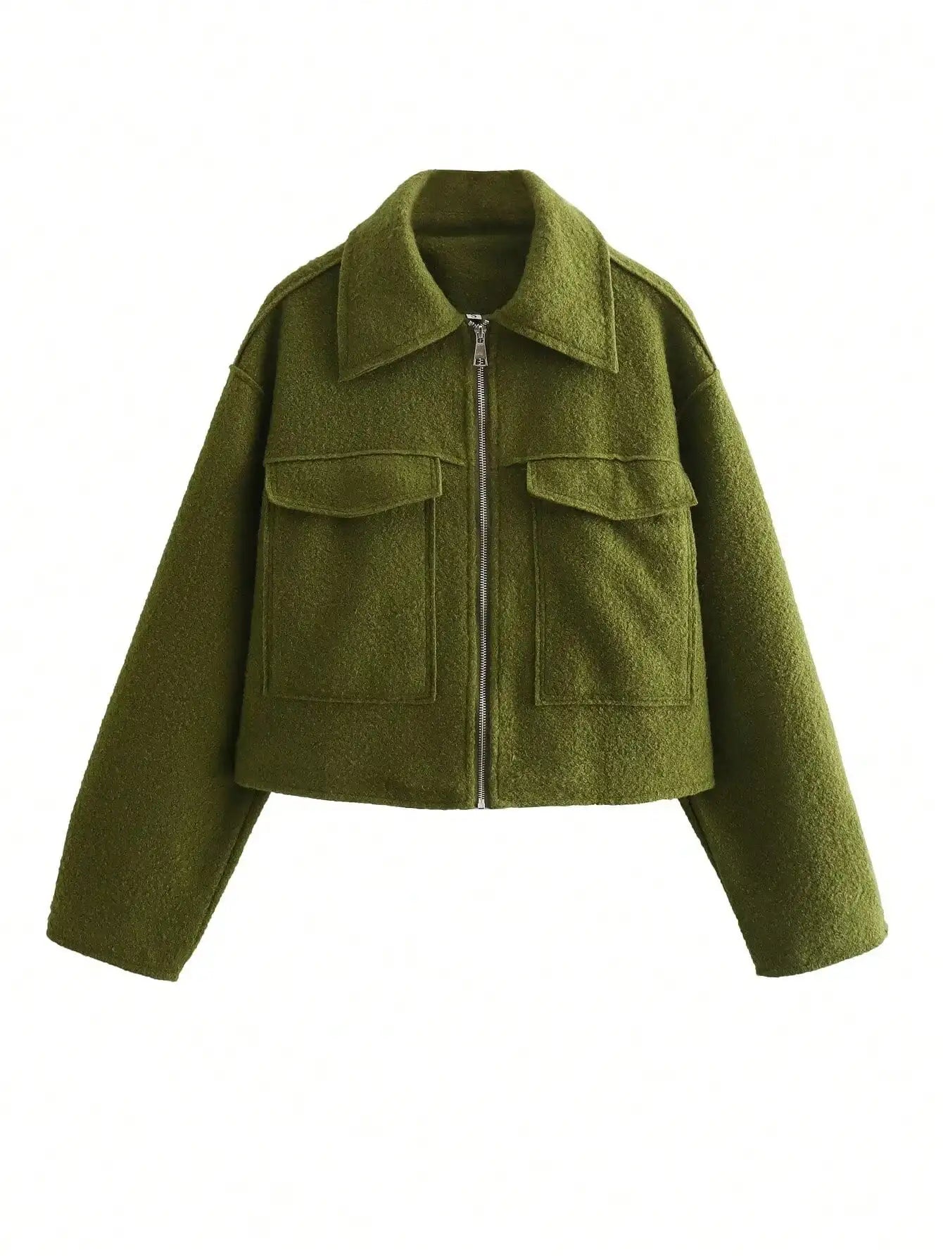 TRAFZA Women Elegant Solid Jacket Front Pocket Long Sleeve Zipper Jackets Coat For Woman Fashion Autumn Casual Outerwear