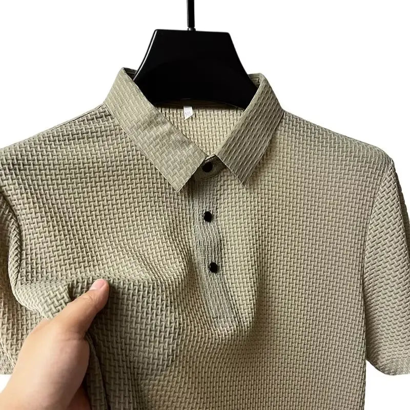 Summer New Men's Lop-up Hollow Short-sleeved Polo Tee Shirt Ice Silk Breathable Business Fashion T-Shirt Male Brand Clothes - Live Store 4U