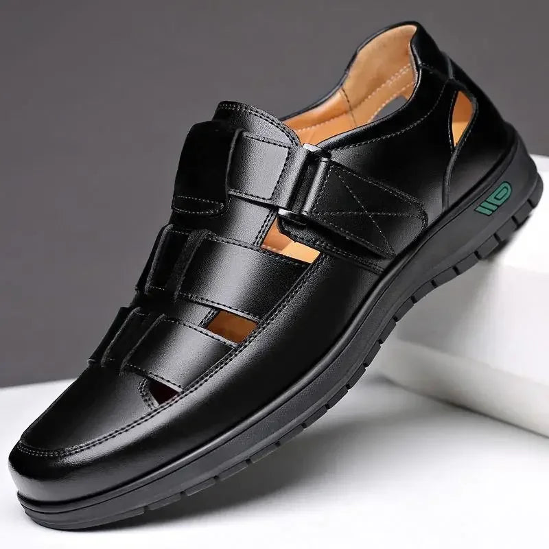Summer New Men's Hollow up PU Leather Breathable Sandals Non-slip Flat Soft Bottom Handmade Trendy Design Shoes Men's Shoes