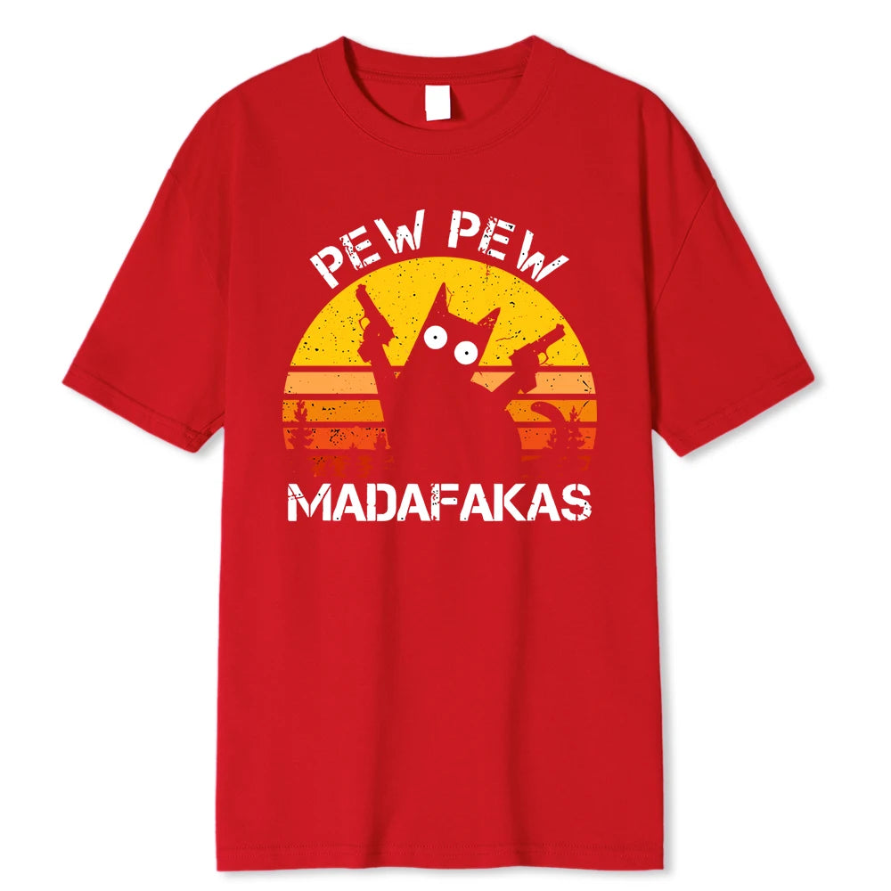 Pew Pew Madafakas Cat With Two Guns Printing Men T Shirts Summer Cotton T-Shirts Breathable Loose Clothes Hip Hop Street Tees - Live Store 4U
