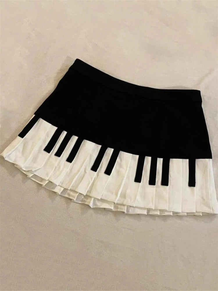 Spring Black White Spliced Women Short Skirt 2025 Y2k Slim Design Harajuku Mini Skirt Female Empire Korea Style Chic Piano Skirt - Live Store 4U