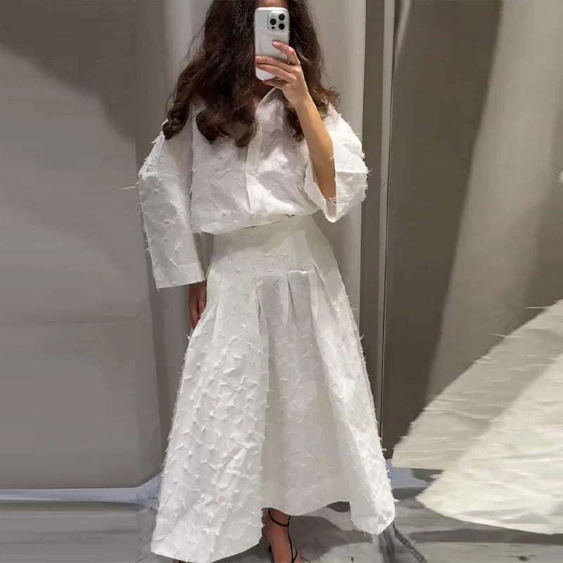 Tassel Shirt Long Skirt Suit Women Loose Lapel Buttons Blouse A-line Skirt Set Female Full Sleeve 2025 Autumn white Sets Lady