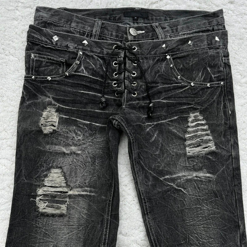 Y2K Washed Jeans Gothic Retro Micro Flared Double Waisted Lace Up Pants Men Women Streetwear High Quality Design Sense Trousers - Live Store 4U