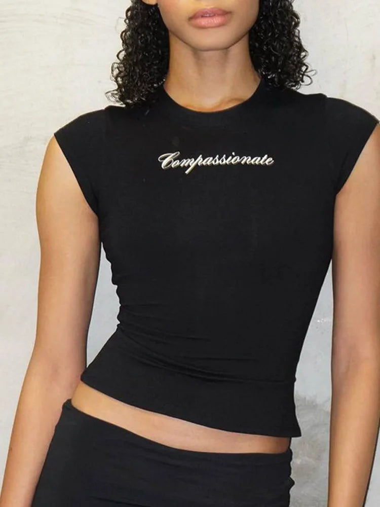 Y2k Streetwear Crop Tops Letter Print Black Tees Short Sleeve Graphics T Shirt Womens 2023 - Live Store 4U