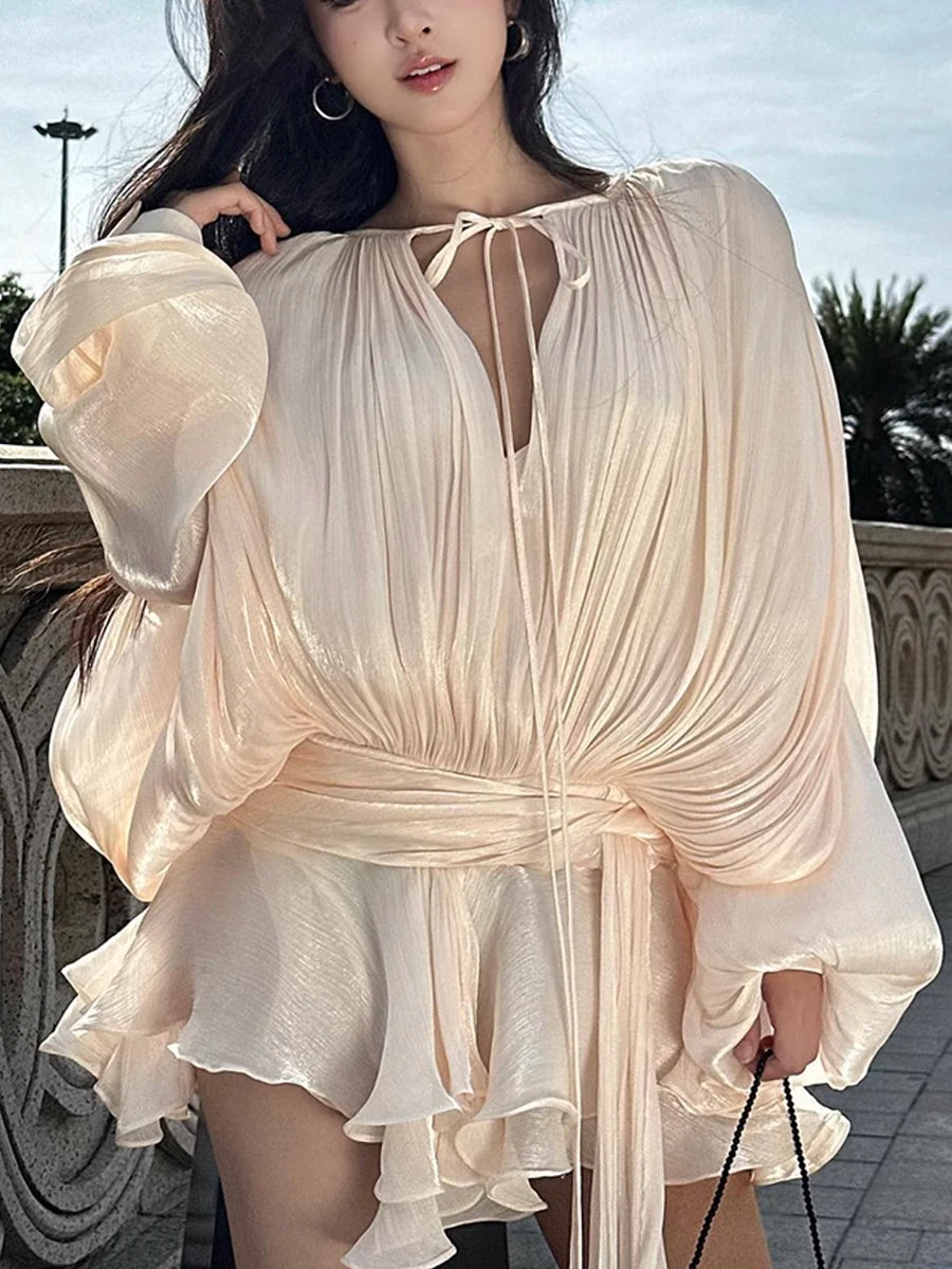 GALCAUR Solid Loose Splicd Lace Up Dresses For Women V Neck Long Sleeves Patchwork Ruffles Tunic Dreses Female Fashio New - Live Store 4U