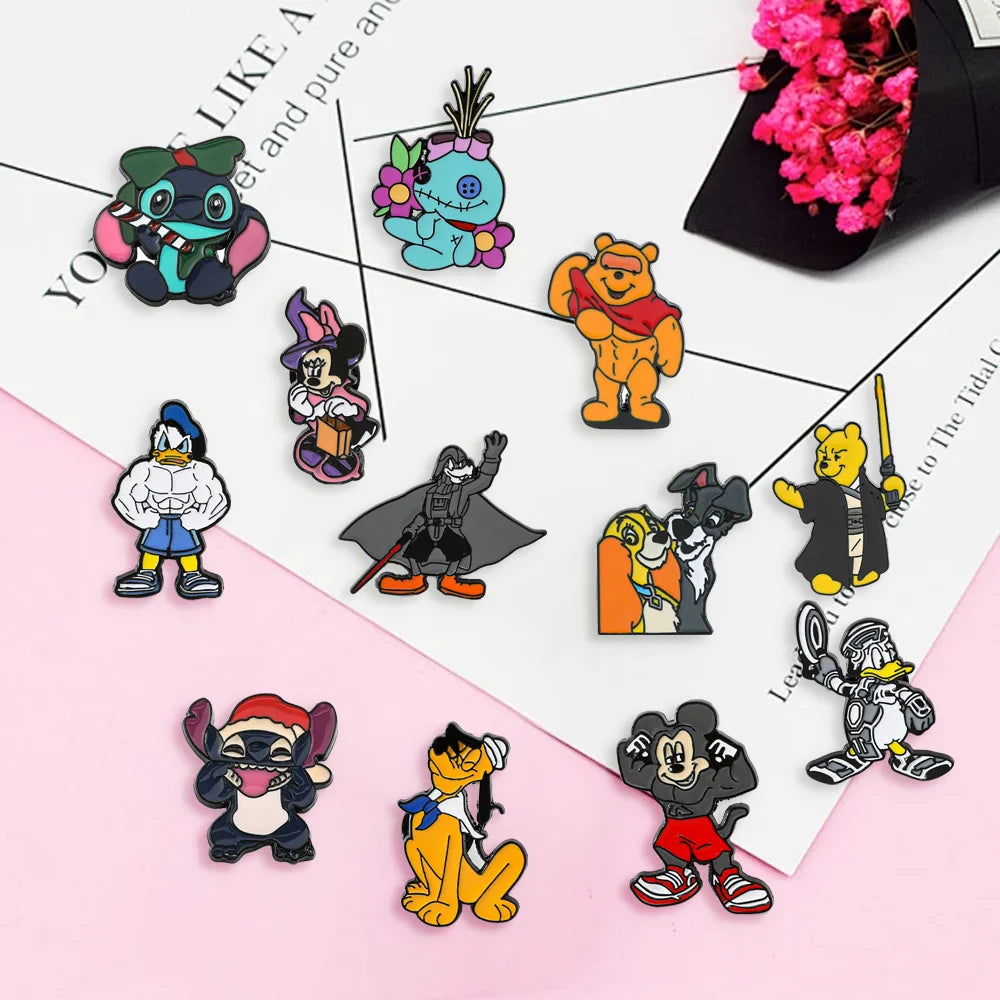 12 Pcs Spoof Cute Character Brooch Donald Duck Pooh Mickey Enamel Pin Backpack Clothing Jewelry Metal Badge Accessories Gift