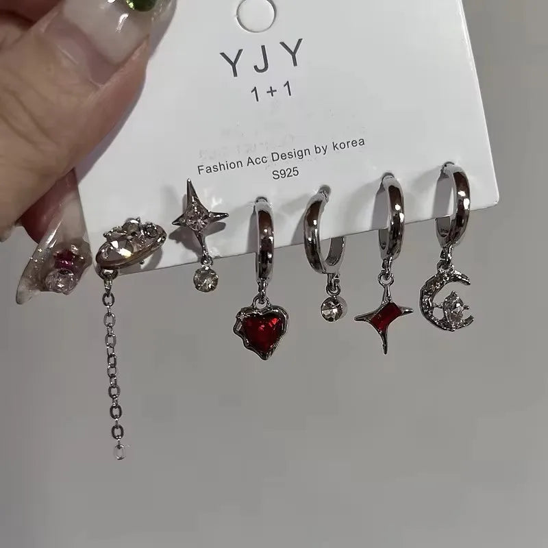 Goth Trendy Red Crystal Star Earring Set For Women Men Vintage Aesthetic Heart Pentagram Pendant Earring Y2K Jewelry Accessories - Live Store 4U