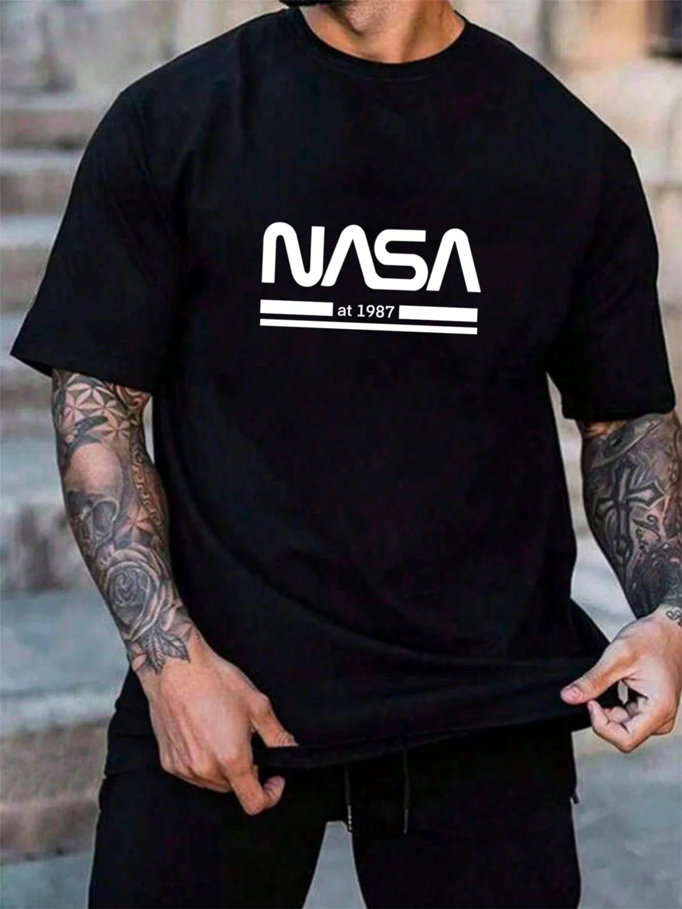 Men's summer 100% cotton fashionable casual loose fit plus size letter pattern printed sports round neck short sleeved T-shirt - Live Store 4U