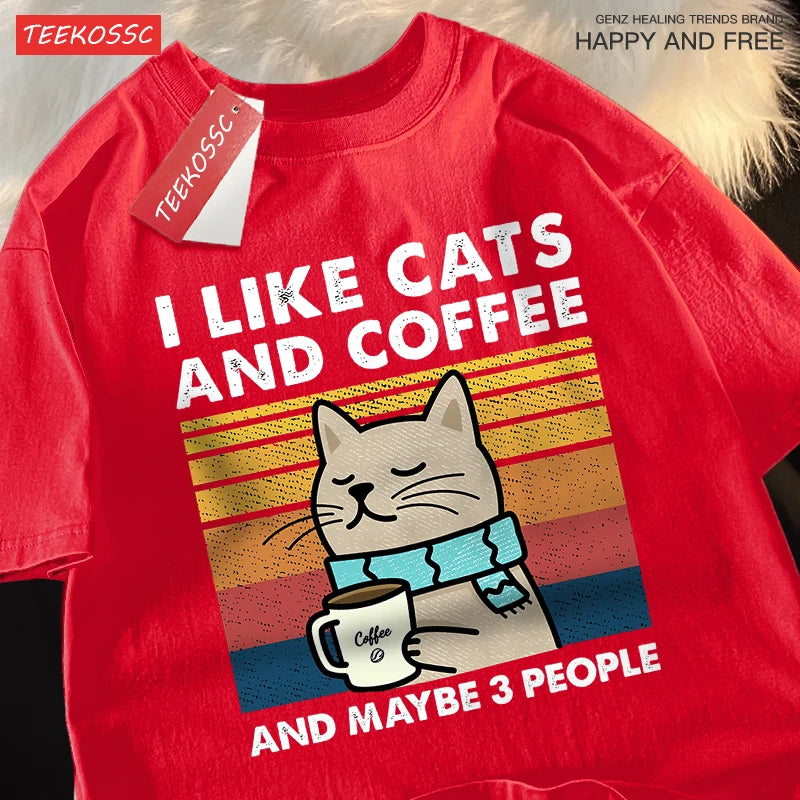 I Like Cats And Coffee Men Women T-Shirt Cotton Tee Clothes Hip Hop Loose Tshirt Fashion Crewneck T-Shirt Streetwear Couple - Live Store 4U