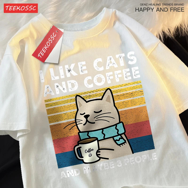 I Like Cats And Coffee Men Women T-Shirt Cotton Tee Clothes Hip Hop Loose Tshirt Fashion Crewneck T-Shirt Streetwear Couple - Live Store 4U