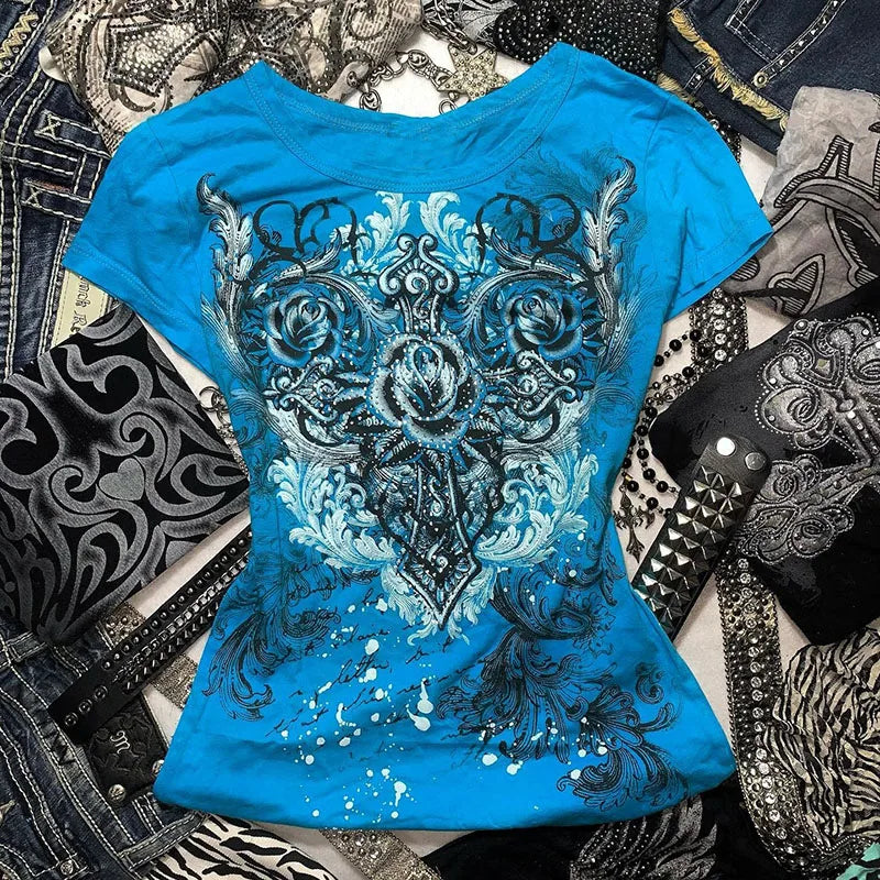 Women's Y2k Grunge T-Shirts 2000s Vinage Rhinestone Print Heart Rose T-Shirt Aesthetics Harajuku Round Neck Tops street fashion - Live Store 4U