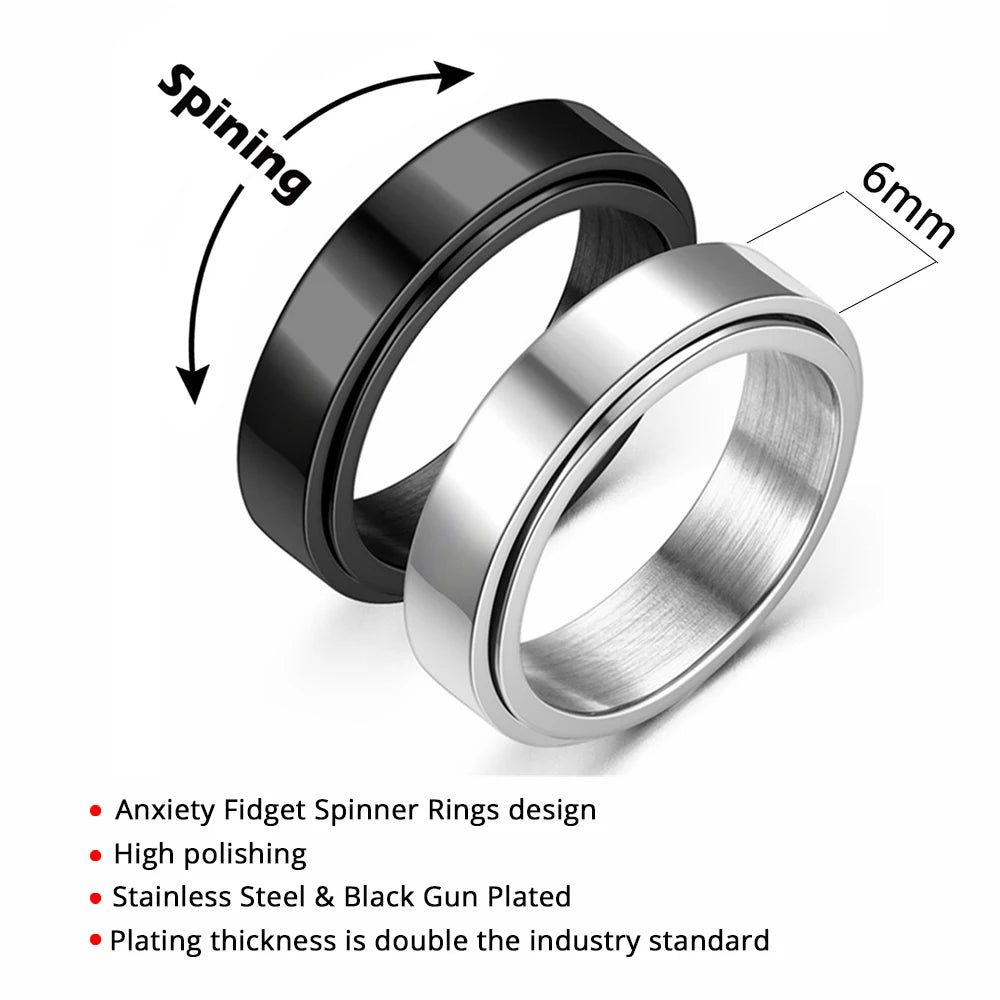 Anxiety Fidget Spinner Rings Black Silver Color Stainless Steel Spinning Rotating Mood Ring for Men Women Anti Stress Jewelry - Live Store 4U
