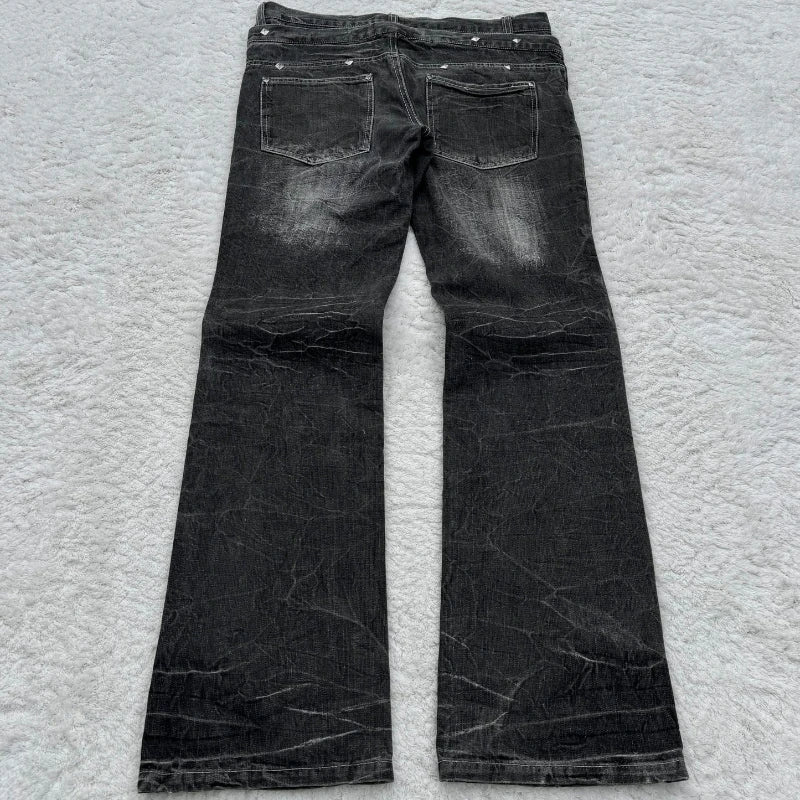 Y2K Washed Jeans Gothic Retro Micro Flared Double Waisted Lace Up Pants Men Women Streetwear High Quality Design Sense Trousers - Live Store 4U