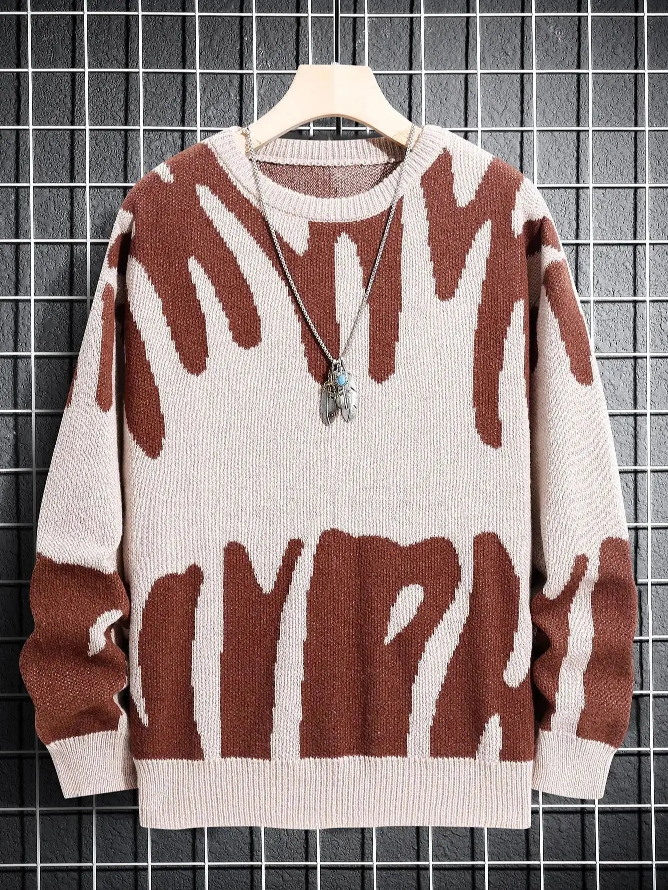 New Popular Autumn Winter Irregular Jacquard Pattern Pullover Sweater Casual Round Neck Contrast Color Knitted Men's Pullover - Live Store 4U