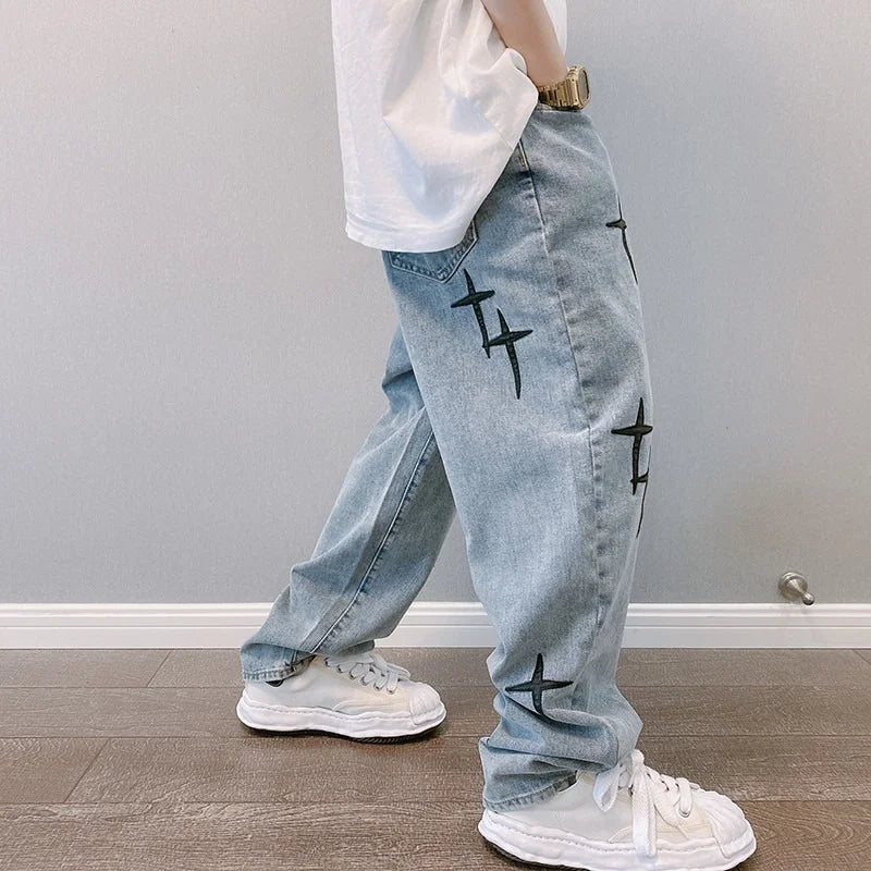 Prints Jeans Men 2023 New Streetwear Baggy Wide Leg Jeans Korean Fashion Drapes Straight Casual Loose Denim Cargo Pants - Live Store 4U