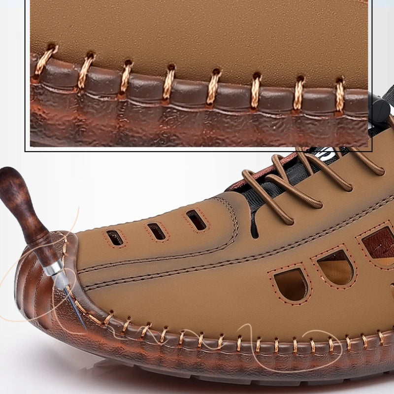 Men's Soft Leather 2024 Summer Men Leather Sandals Breathable Non-slip Cow Tendon Sole Casual Leather Shoes Outdoor Beach Shoes