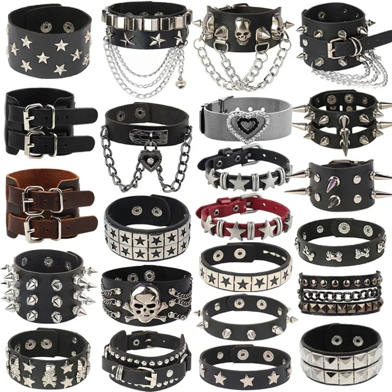 Punk Hip Hop Rock PU Leather Bracelet Unisex Trendy Chain Skull Pentagram Rivet Bracelet Party Jewelry Accessories - Live Store 4U
