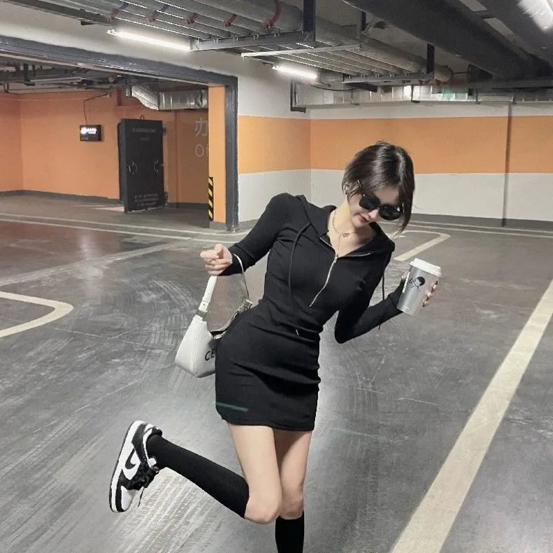 Hooded Corset Dresses for Women Tight on Sales One-piece Clothes Thic Casual Youth Beach Trendy Bodycon Woman Long Sleeve Dress