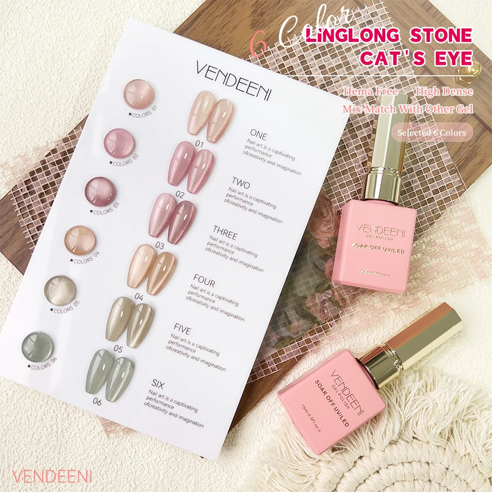 Vendeeni 6 Colors Crystal Cat Eye Gel Nail Polish Set Semi Permanent Sparkling Magnetic UV LED Soak Off Gel Varnish With Display