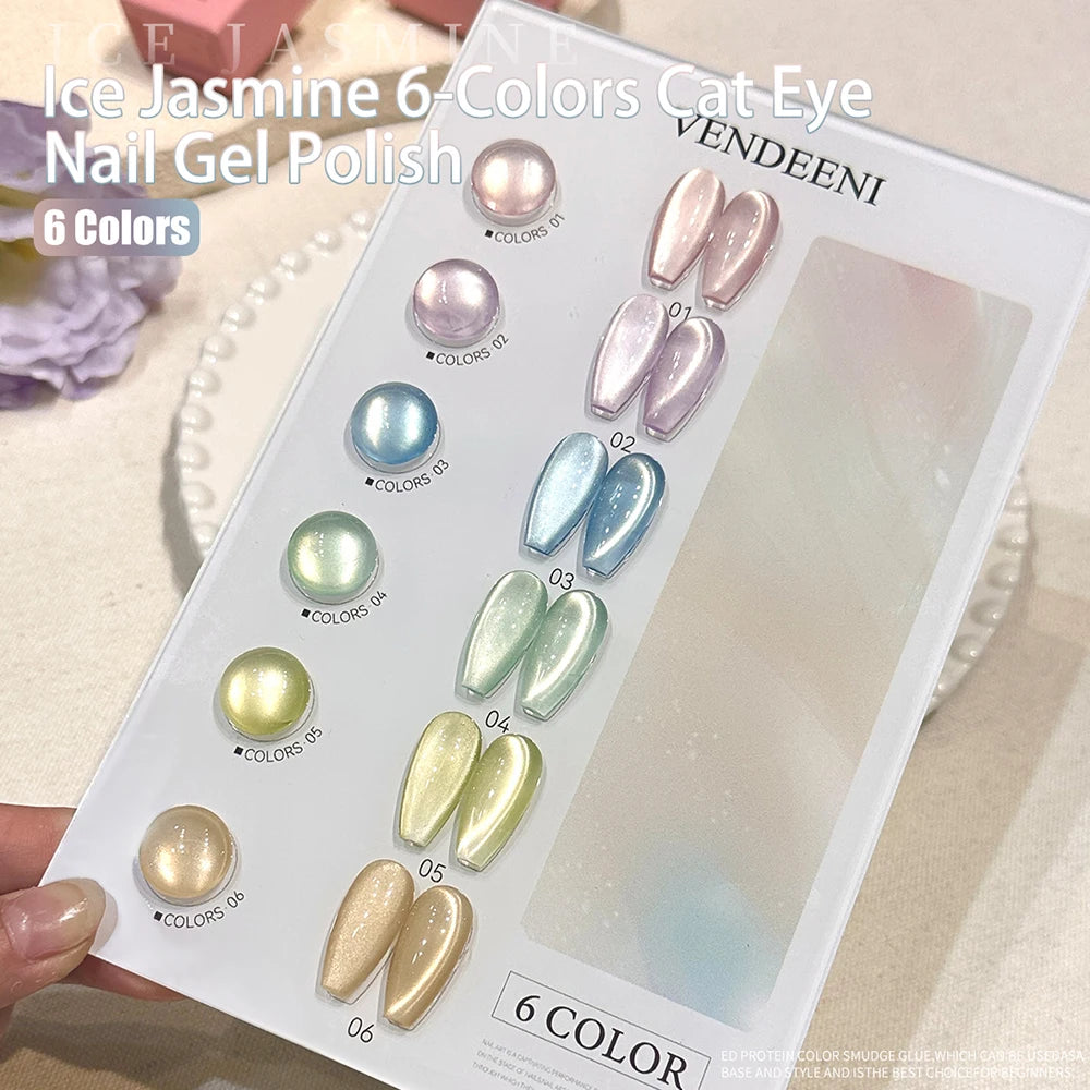 Vendeeni 6 Colors Crystal Cat Eye Gel Nail Polish Set Semi Permanent Sparkling Magnetic UV LED Soak Off Gel Varnish With Display