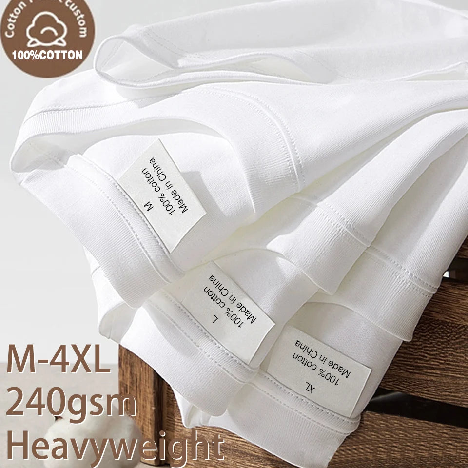 220gsm Heavy Oversized Plain T-Shirt for Men Summer HighQualtity Short Sleeve Tee 100%cotton Solid Color Trendy Casual white Top - Live Store 4U