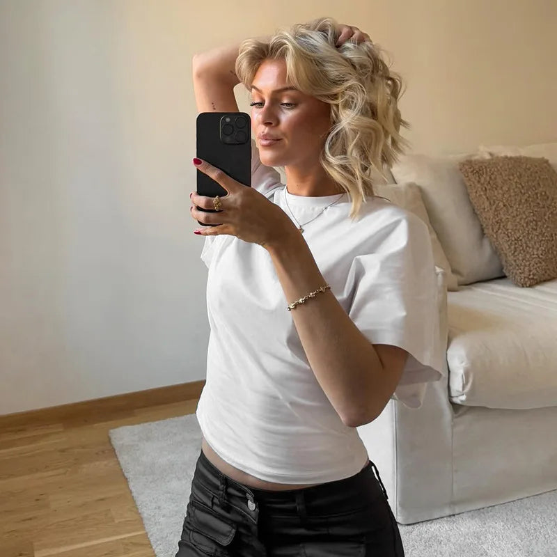 Elegant White Solid T-Shirts Fashion Women Summer 2025 New O-Neck Loose Pleated Tank Top Casual Office Lady Commute Y2K Tees