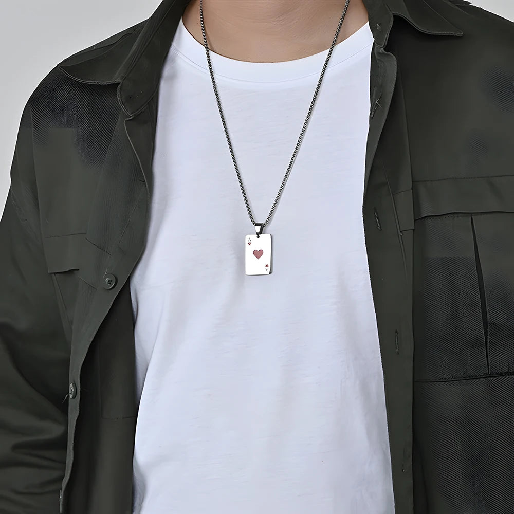 Hip Hop Stainless Steel Poker Card Ace of Spades Necklace For Men Pendant Chain Playing Cards Jewelry Ace of Hearts Necklaces - Live Store 4U