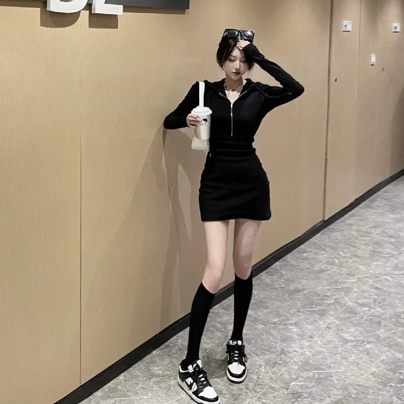 Hooded Corset Dresses for Women Tight on Sales One-piece Clothes Thic Casual Youth Beach Trendy Bodycon Woman Long Sleeve Dress
