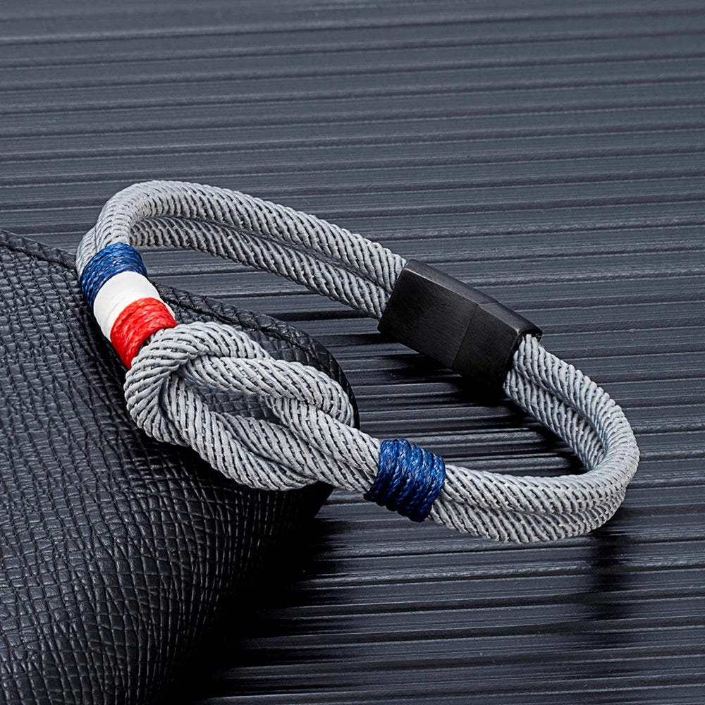 MKENDN Black Stainless Steel Square Knot Rope Bracelet Men Women Handmade Woven Double-Layer Design France Flag Couple Jewelry - Live Store 4U