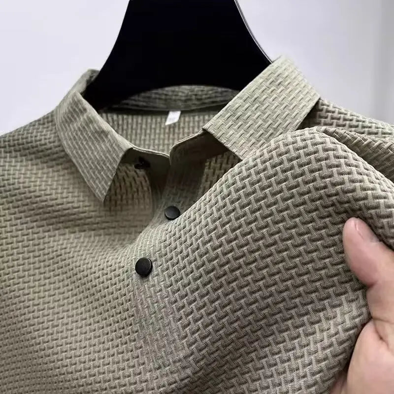 Summer New Men's Lop-up Hollow Short-sleeved Polo Tee Shirt Ice Silk Breathable Business Fashion T-Shirt Male Brand Clothes - Live Store 4U