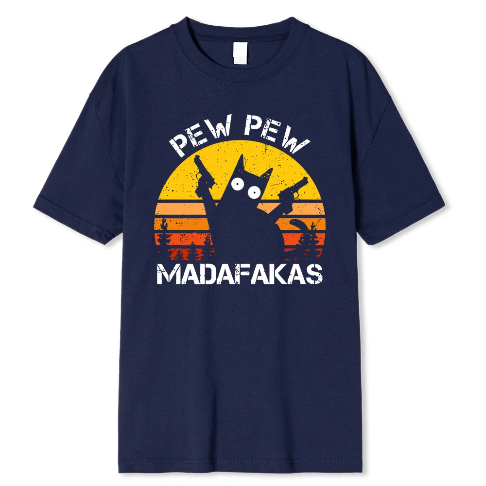 Pew Pew Madafakas Cat With Two Guns Printing Men T Shirts Summer Cotton T-Shirts Breathable Loose Clothes Hip Hop Street Tees - Live Store 4U