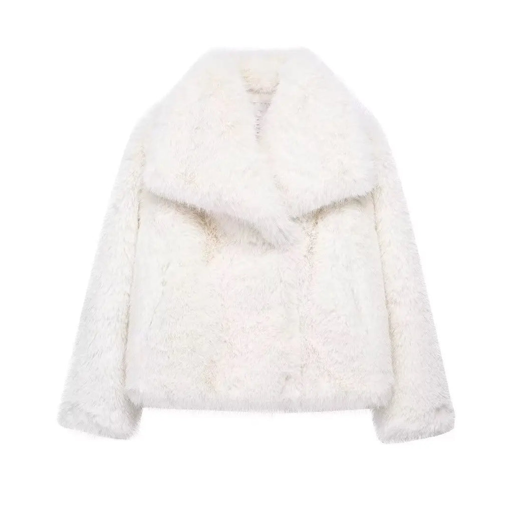TRAFZA Women Fashion Cropped Faux Fur Jacket Coat Long Sleeve Front Snap-button Female Outerwear Chic Lapel Collar Thick Coat