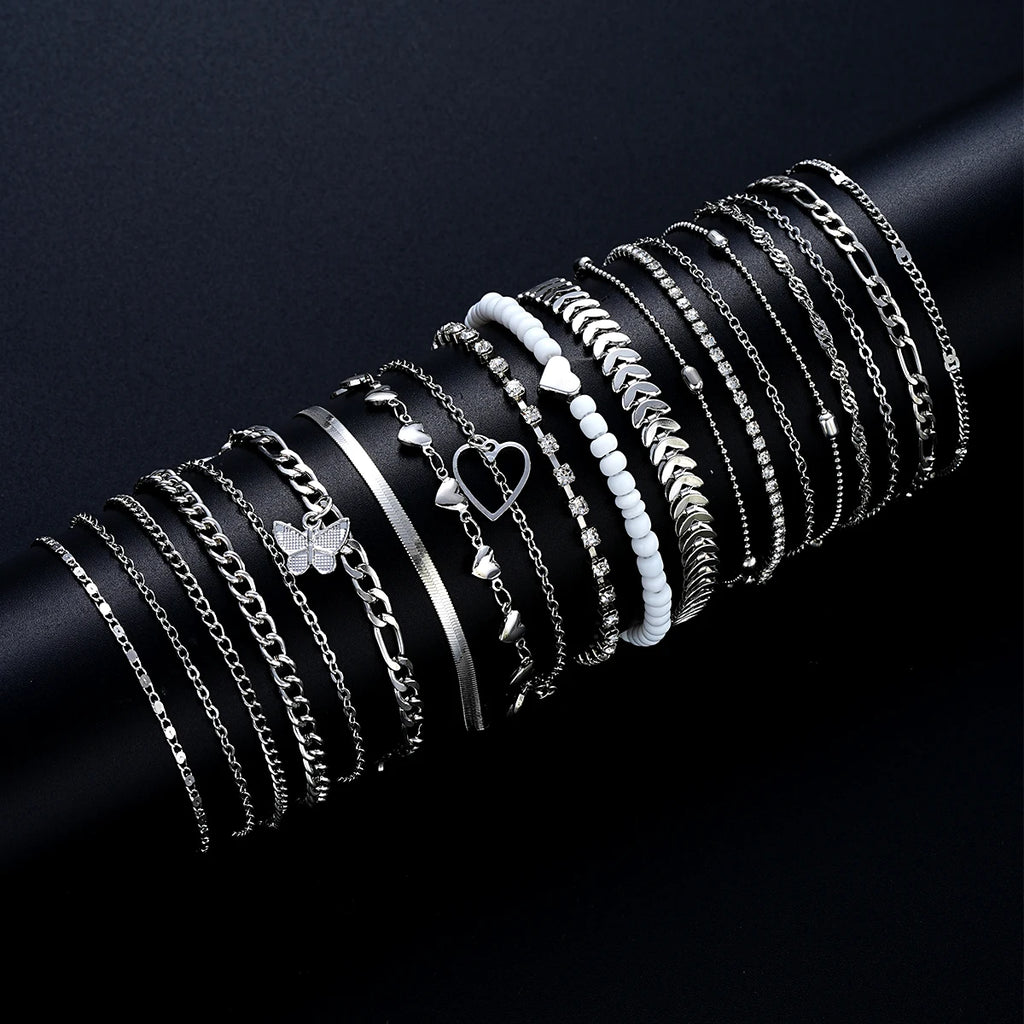 19Pcs/Set New Design Silver Color Anklet Sets for Women Fashion Pearl Butterfly Heart Crystal Foot Chain Versatile Daily Jewelry - Live Store 4U
