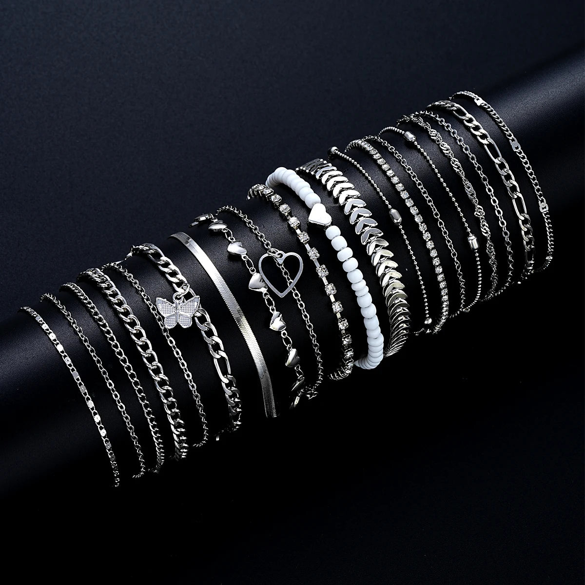 19Pcs/Set New Design Silver Color Anklet Sets for Women Fashion Pearl Butterfly Heart Crystal Foot Chain Versatile Daily Jewelry - Live Store 4U