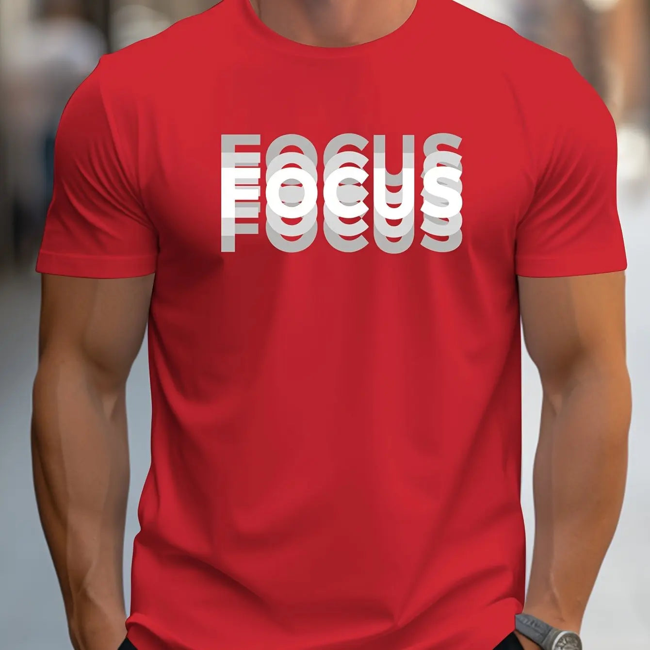 Men's 100% cotton casual sports loose oversized Focus print round neck short sleeved T-shirt top - Live Store 4U