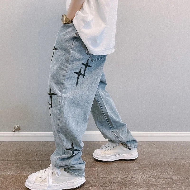 Prints Jeans Men 2023 New Streetwear Baggy Wide Leg Jeans Korean Fashion Drapes Straight Casual Loose Denim Cargo Pants - Live Store 4U