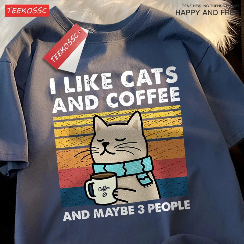 I Like Cats And Coffee Men Women T-Shirt Cotton Tee Clothes Hip Hop Loose Tshirt Fashion Crewneck T-Shirt Streetwear Couple - Live Store 4U
