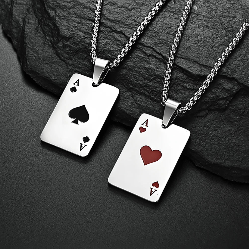 Hip Hop Stainless Steel Poker Card Ace of Spades Necklace For Men Pendant Chain Playing Cards Jewelry Ace of Hearts Necklaces - Live Store 4U